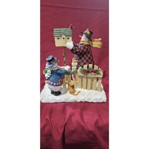 VTG 1990's Raz Imports Signed By Deb Strain Snowman Winterscape Mail Cat Bird